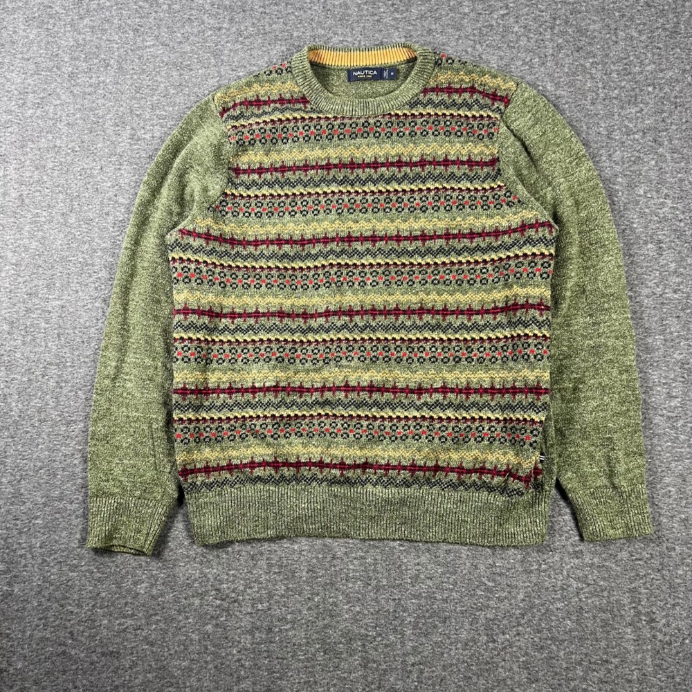 Nautica Fair Isle Chunky Grandpa Sweater Mens Medium Green Crewneck Boho Boxy